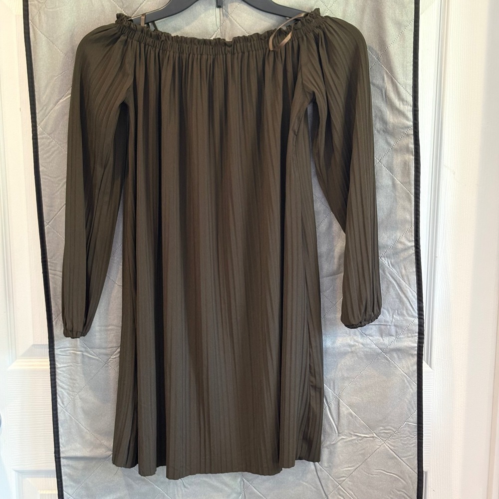 Dark Academia Olive Green Pleated Off Shoulder Mini Dress Boho Fairycore XS